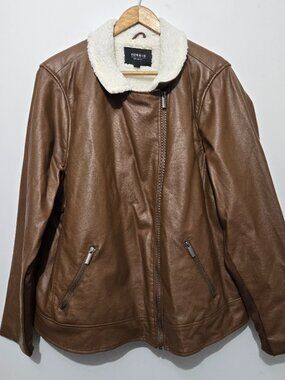 Torrid Brown Faux Leather Sherpa Lined Asymmetric Moto Jacket Size 3X Biker Zip